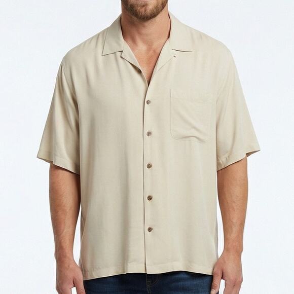 Tommy Bahama Shirt XL Tan Silk Button Down Short Sleeve Camp Casual Resort Wear - Picture 1 of 13